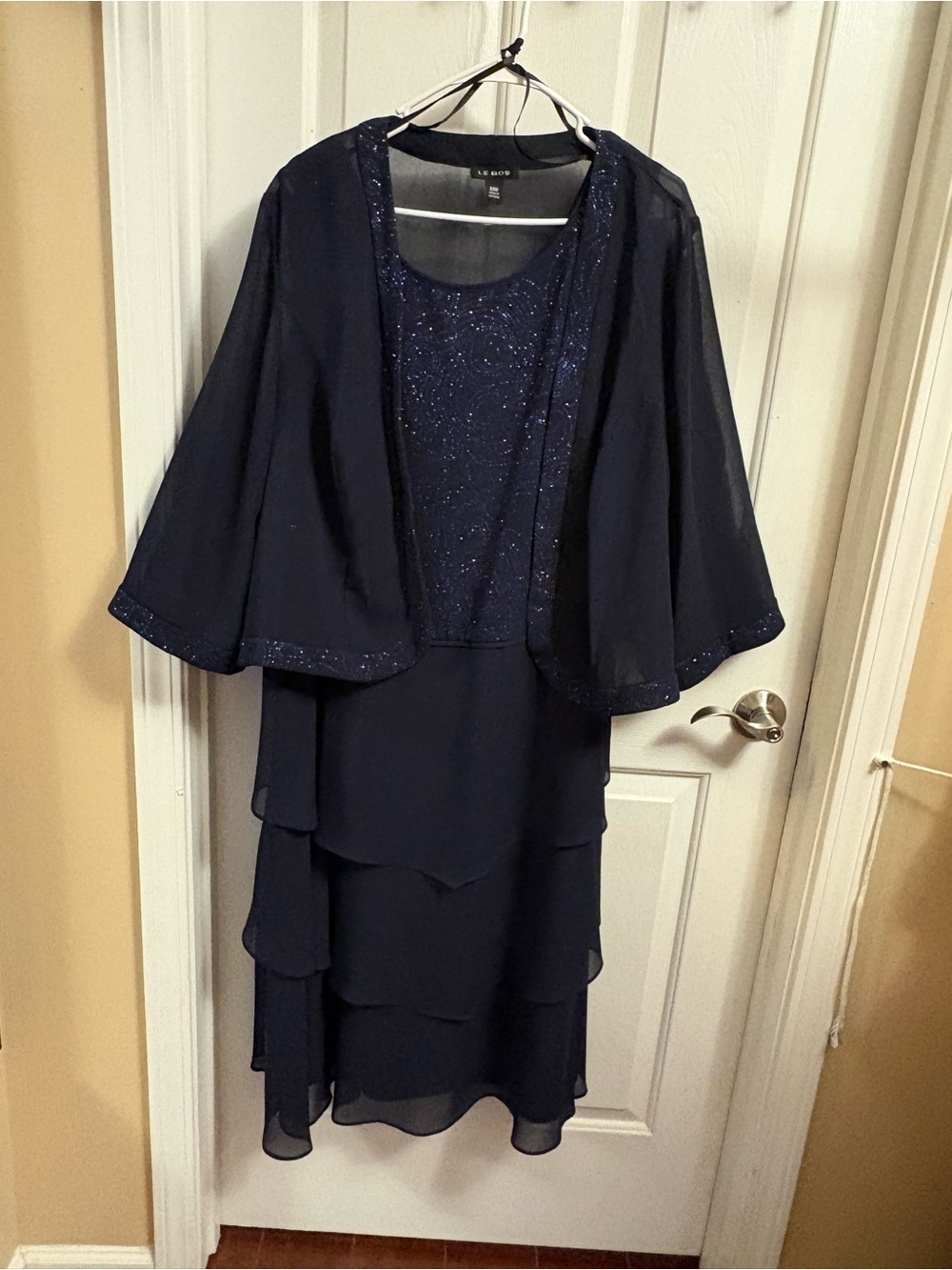 St. John Navy Layered Chiffon Evening Dress with Beaded Jacket